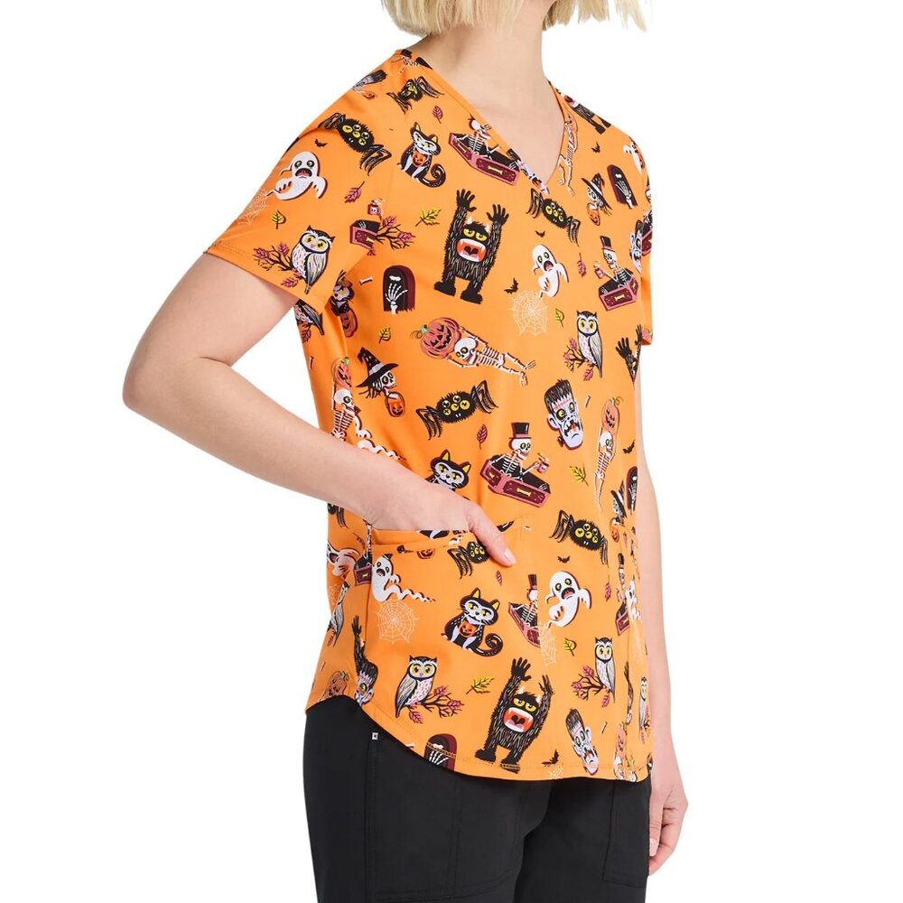 Scrubstar Cat Spider Skeleton V Neck Print Scrub Top​ Womens Orange Soft Fabric - Picture 2 of 10